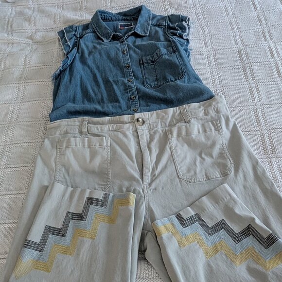 Maeve Pants - Maeve fun embroidered pant bottom stone/bone ankle pant (20W)